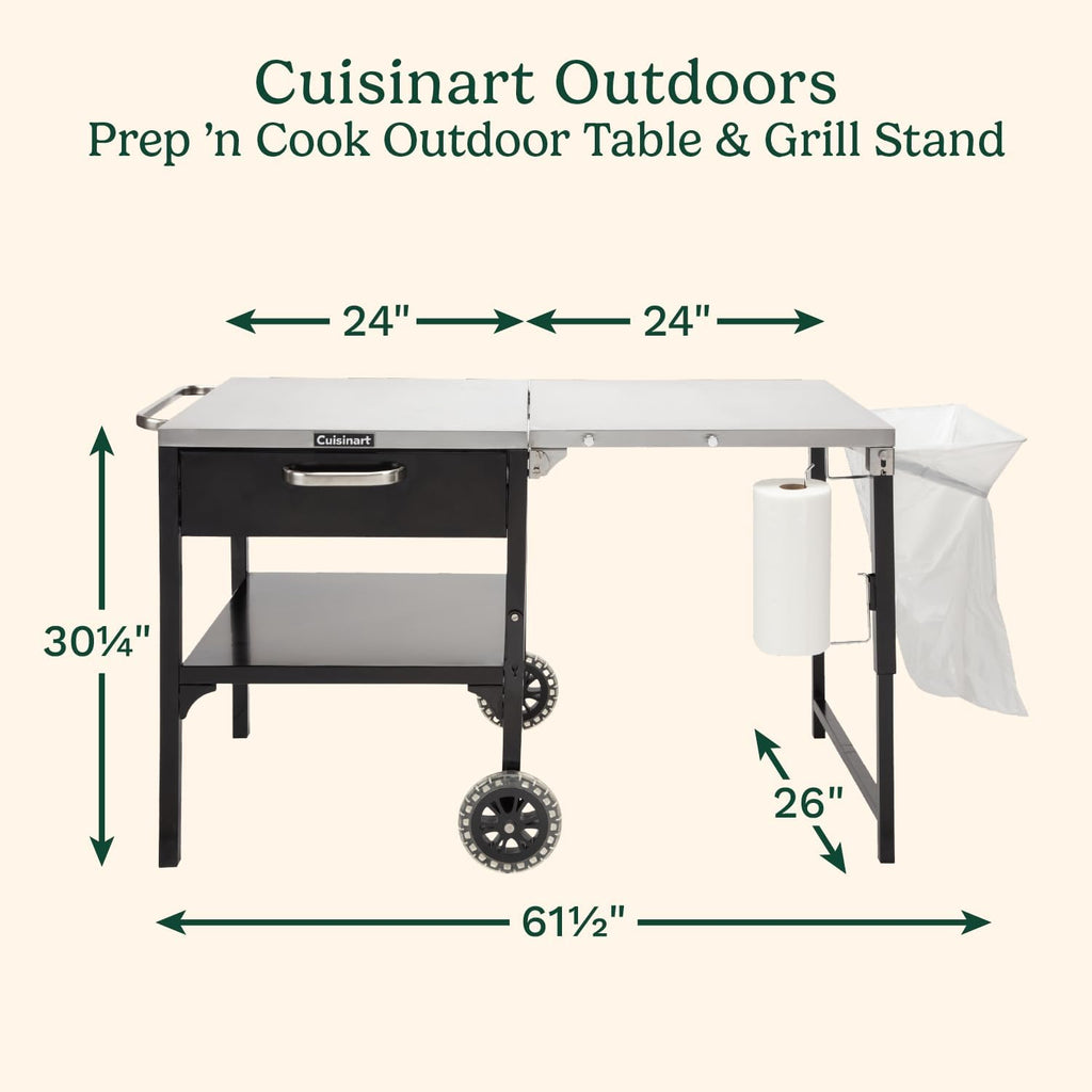 Cuisinart Prep 'n Cook Outdoor Table and Grill Stand, Stainless Steel Folding Table with Wheels, 48' x 24' Prep Station for Home BBQ, Tailgates, Cookouts
