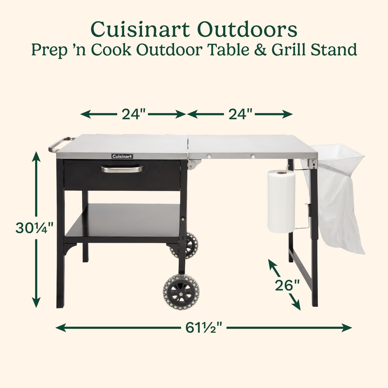 Cuisinart Prep 'n Cook Outdoor Table and Grill Stand, Stainless Steel Folding Table with Wheels, 48' x 24' Prep Station for Home BBQ, Tailgates, Cookouts