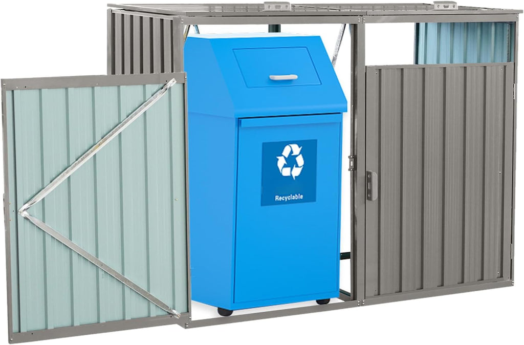 KEIKI 63' Garbage Bin Shed Stores 2 Metal Trash Cans,Outdoor Storage Lockable for Garden Yard Lawn Patio