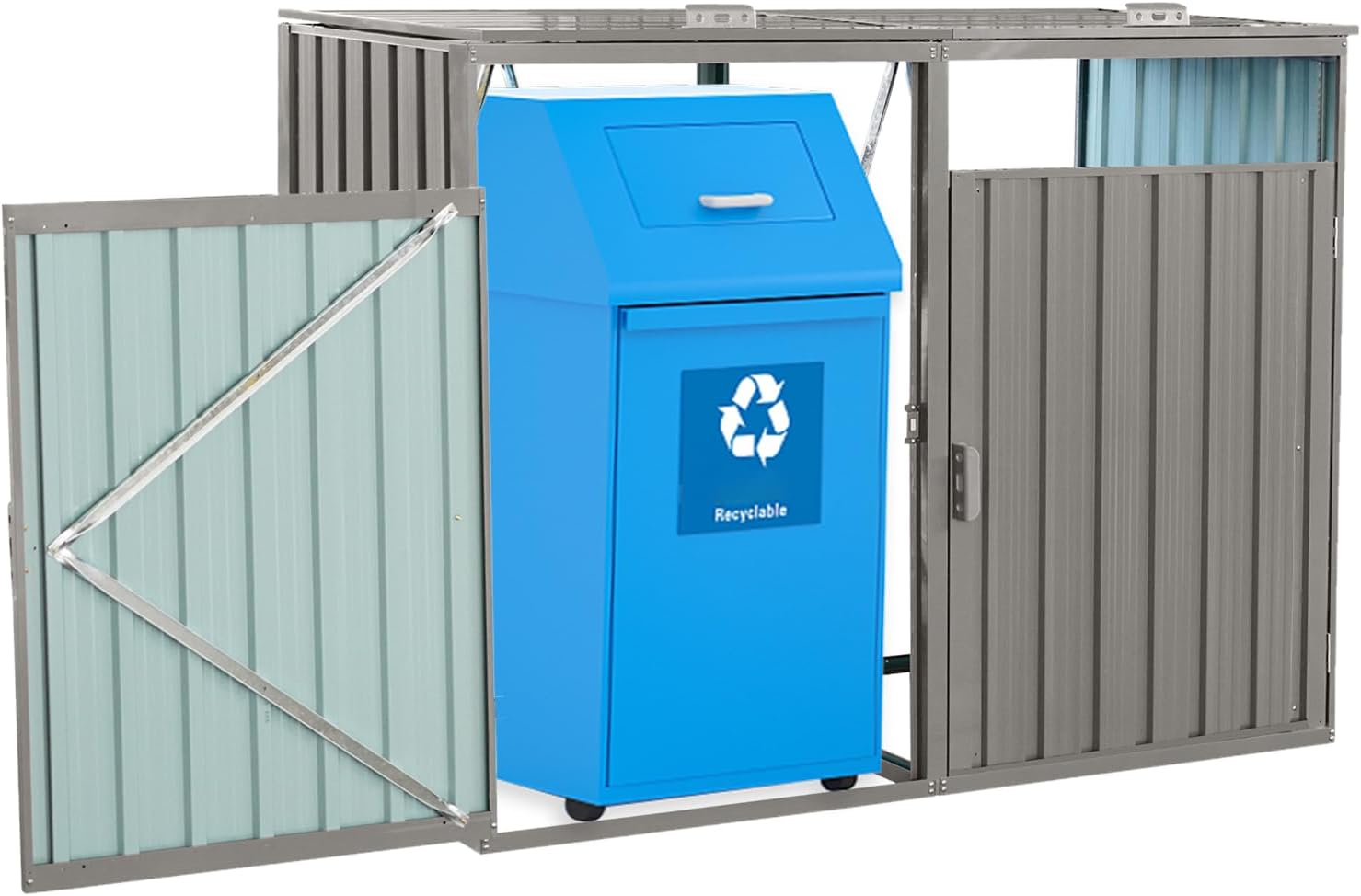 KEIKI 63' Garbage Bin Shed Stores 2 Metal Trash Cans,Outdoor Storage Lockable for Garden Yard Lawn Patio