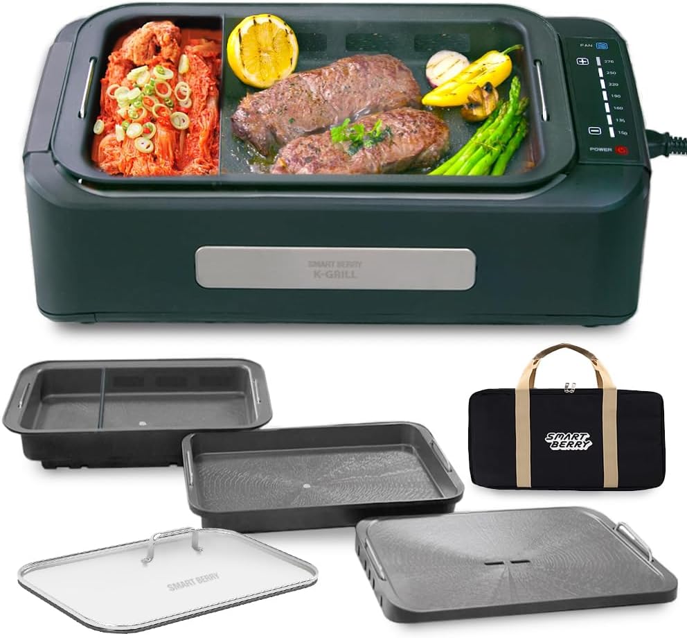 SMART BERRY 3 in 1 Smokeless Electric Indoor Grill, Nonstick Grill/Griddle Plates, Jjamjjapan, Glass Lid, Portable Korean BBQ Grill with 7-Level Control (Jjamjjapan set Black)