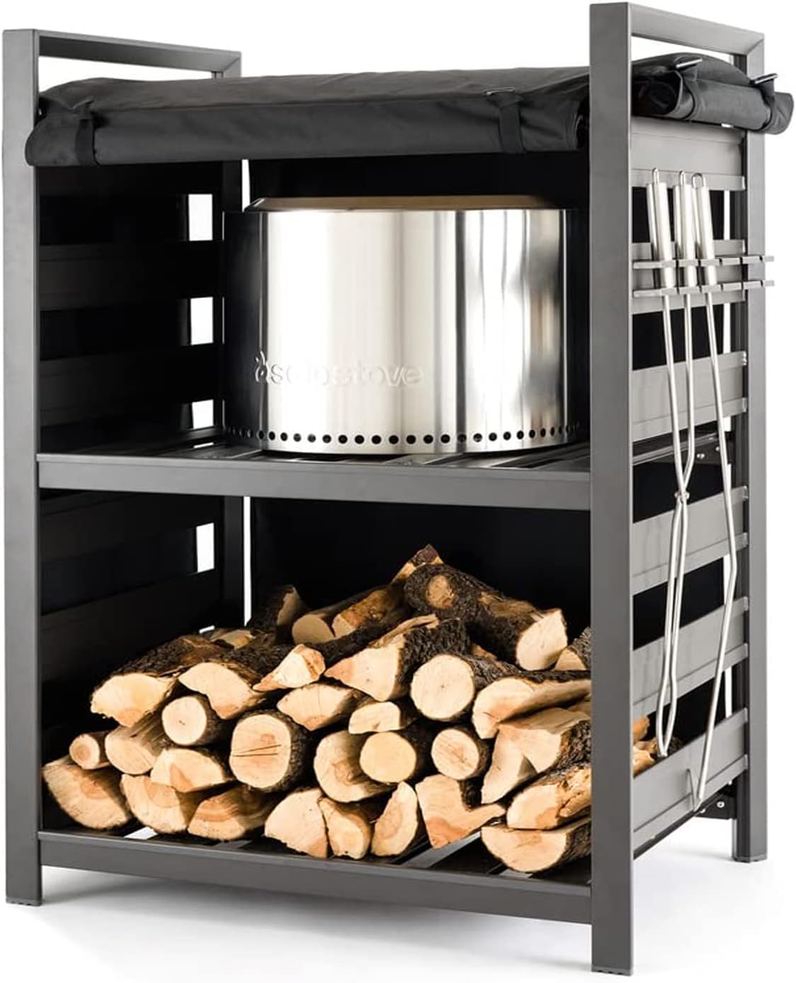 Solo Stove Station – 4.4ft Black Aluminum Firewood Rack with UV-Coated Cover, Two-Shelf Outdoor Storage for Fire Pit Logs, Tools & Accessories
