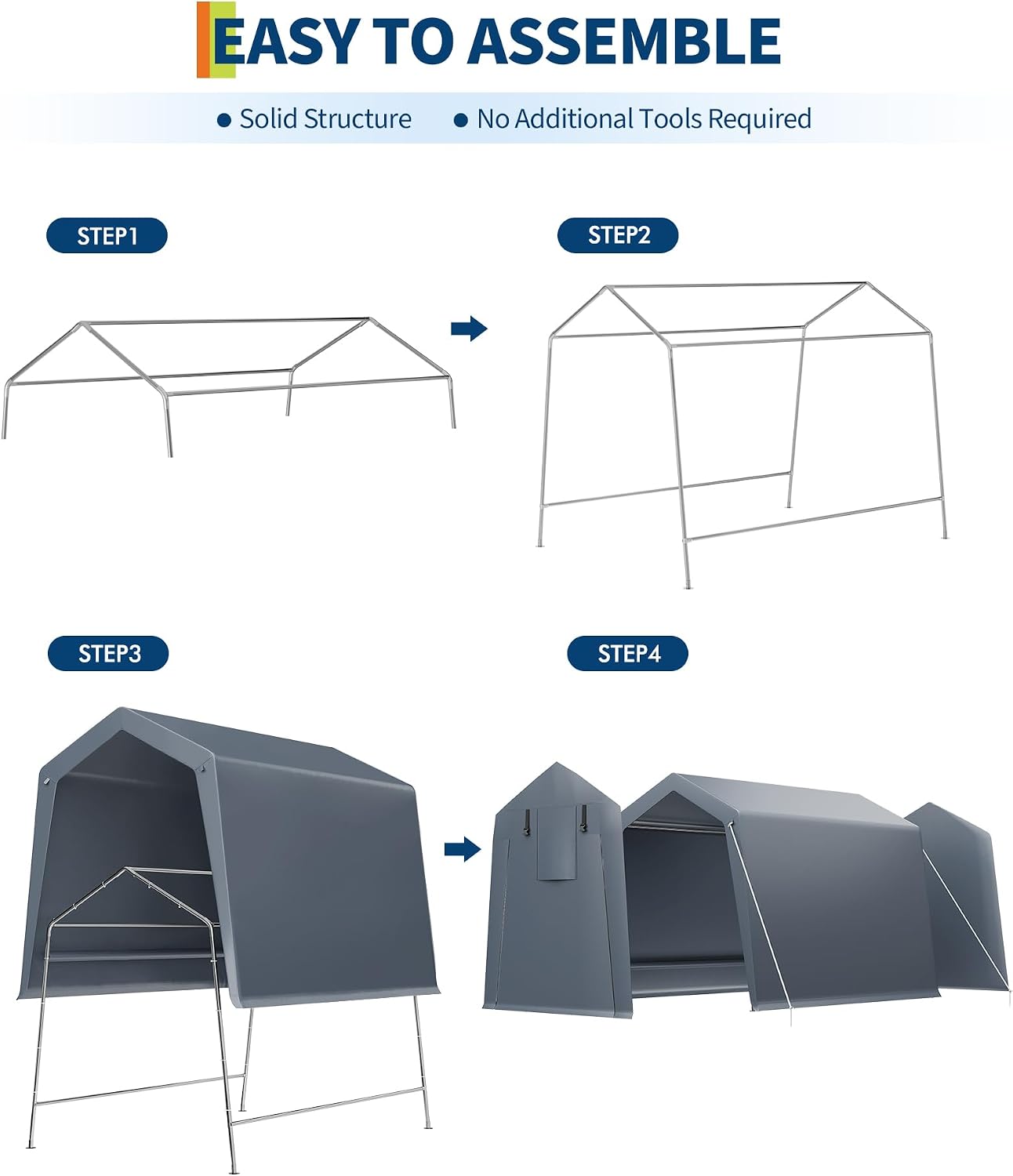GarveeLife 6x6 ft Portable Outdoor Storage Shed with Roll-Up Zipper Door & Vent, 240G Heavy-Duty Shelter Waterproof PE Tarp, UV-Resistant Carport for Motorcycle, Firewood, Tools -Gray