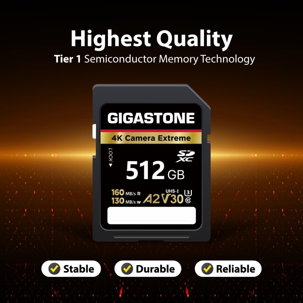 【5-Years Data Recovery】 GIGASTONE 512GB SD Card, 4K Camera Extreme, A2 V30 U3 C10 SDXC Memory Card High Speed, Compatible with Canon Kodak Olympus Digital Camera