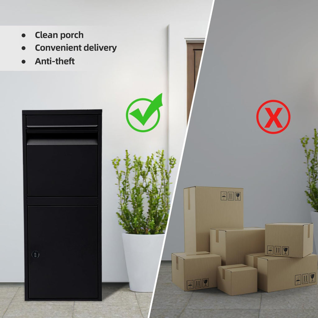 Black Mailboxes for Outside, Anti-Theft Galvanized Steel Large Package Delivery Boxes with Safety Lock, Adjustable Baffle Parcel Drop Box,Windproof and Rainproof Packages Box for front Porch