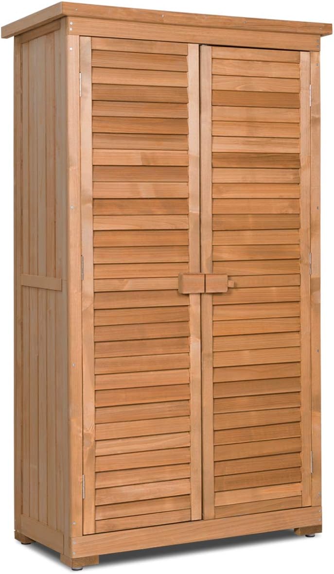 Goplus Outdoor Storage Cabinet, Wooden Storage Shed with Latch, Detachable Shelves & Weather Resistant Pitch Roof, Vertical Garden Tool Organizer for Outside Yard Patio Deck