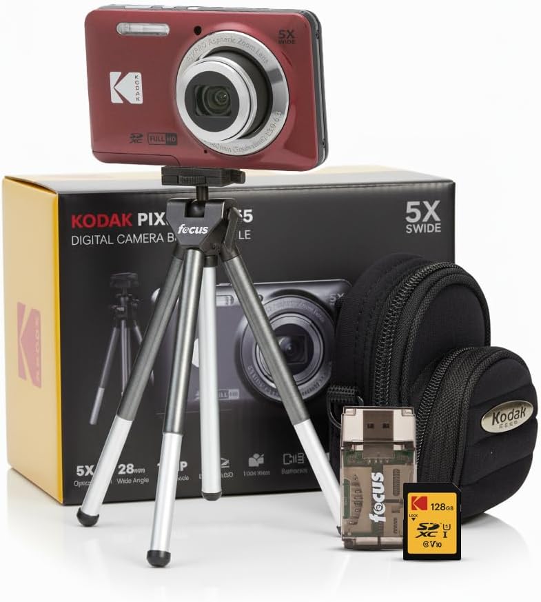 Kodak PIXPRO FZ55 Digital Camera (Red) Friendly Zoom with 128GB SD Card, Card Reader, Tripod and Pouch (5 Items)