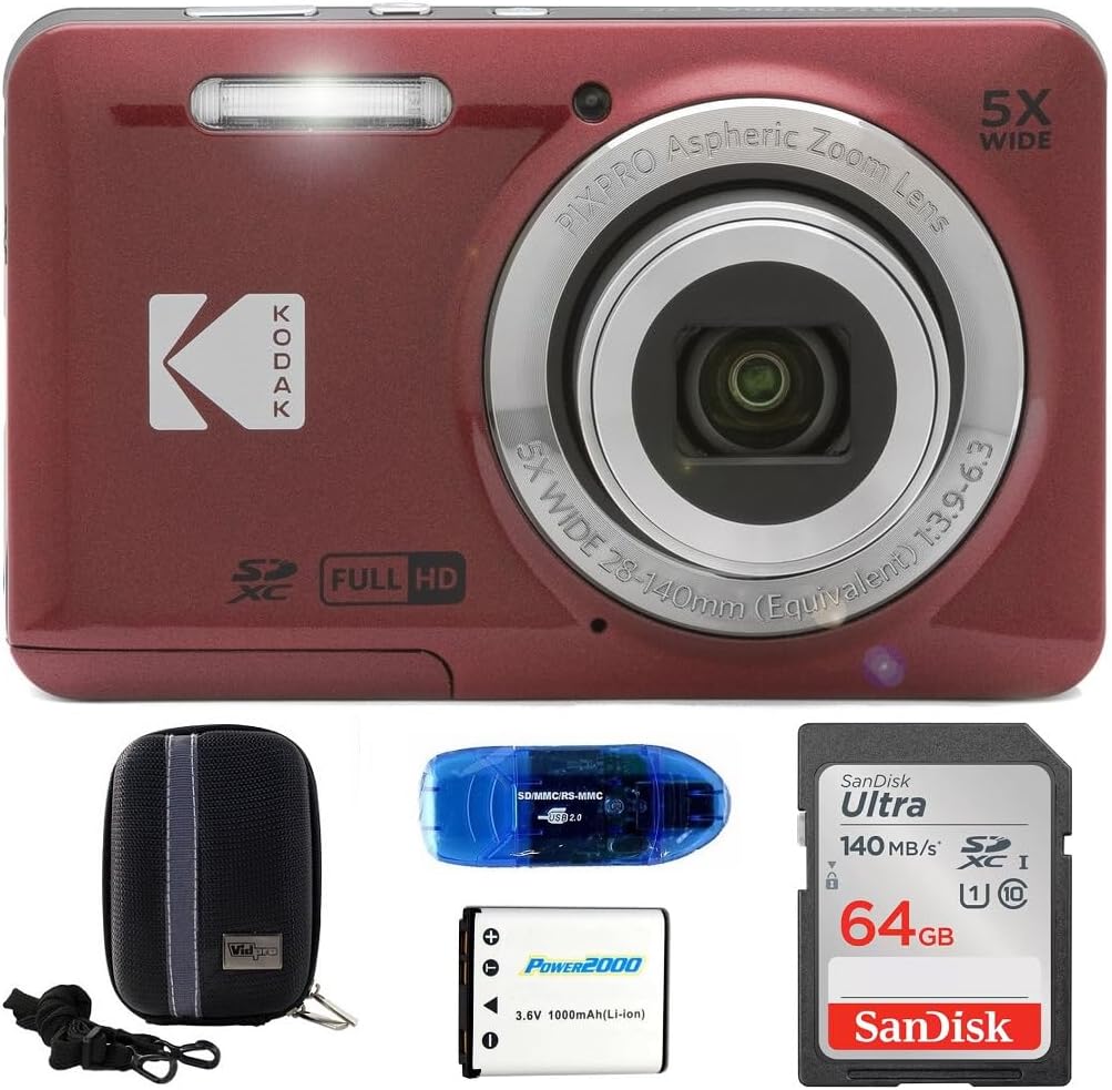 KODAK Pixpro FZ55 Digital Camera Bundle, Includes: SanDisk 64GB SDXC Memory Card, Hard Shell Camera Case, SD Card Reader and More (5 Items) (Red)