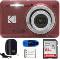 KODAK Pixpro FZ55 Digital Camera Bundle, Includes: SanDisk 64GB SDXC Memory Card, Hard Shell Camera Case, SD Card Reader and More (5 Items) (Red)
