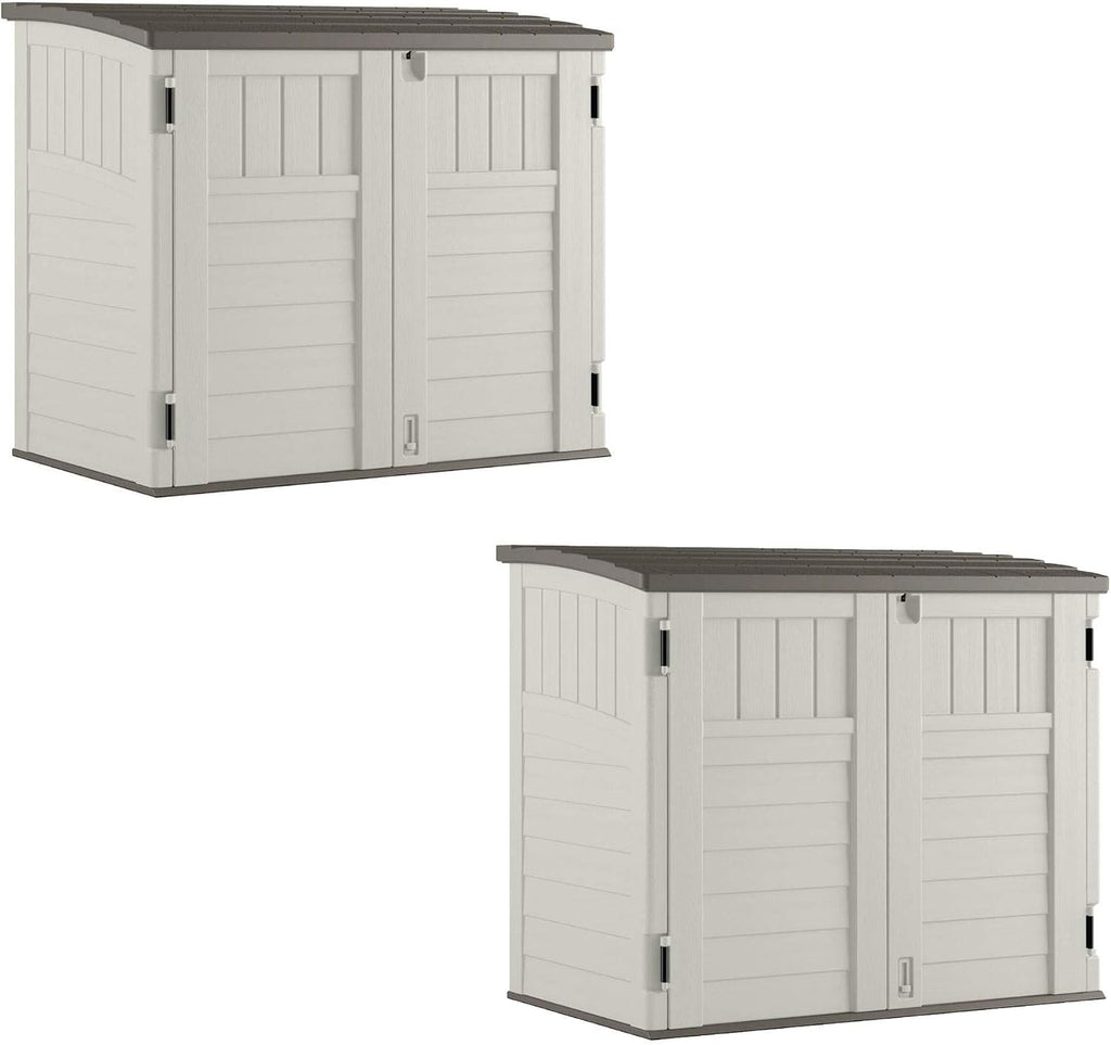 Suncast 2 Pack 34 Cu Ft Capacity Horizontal Outdoor Storage Shed for Garbage Cans, Garden Accessories, Backyard, and Patio Use, Vanilla