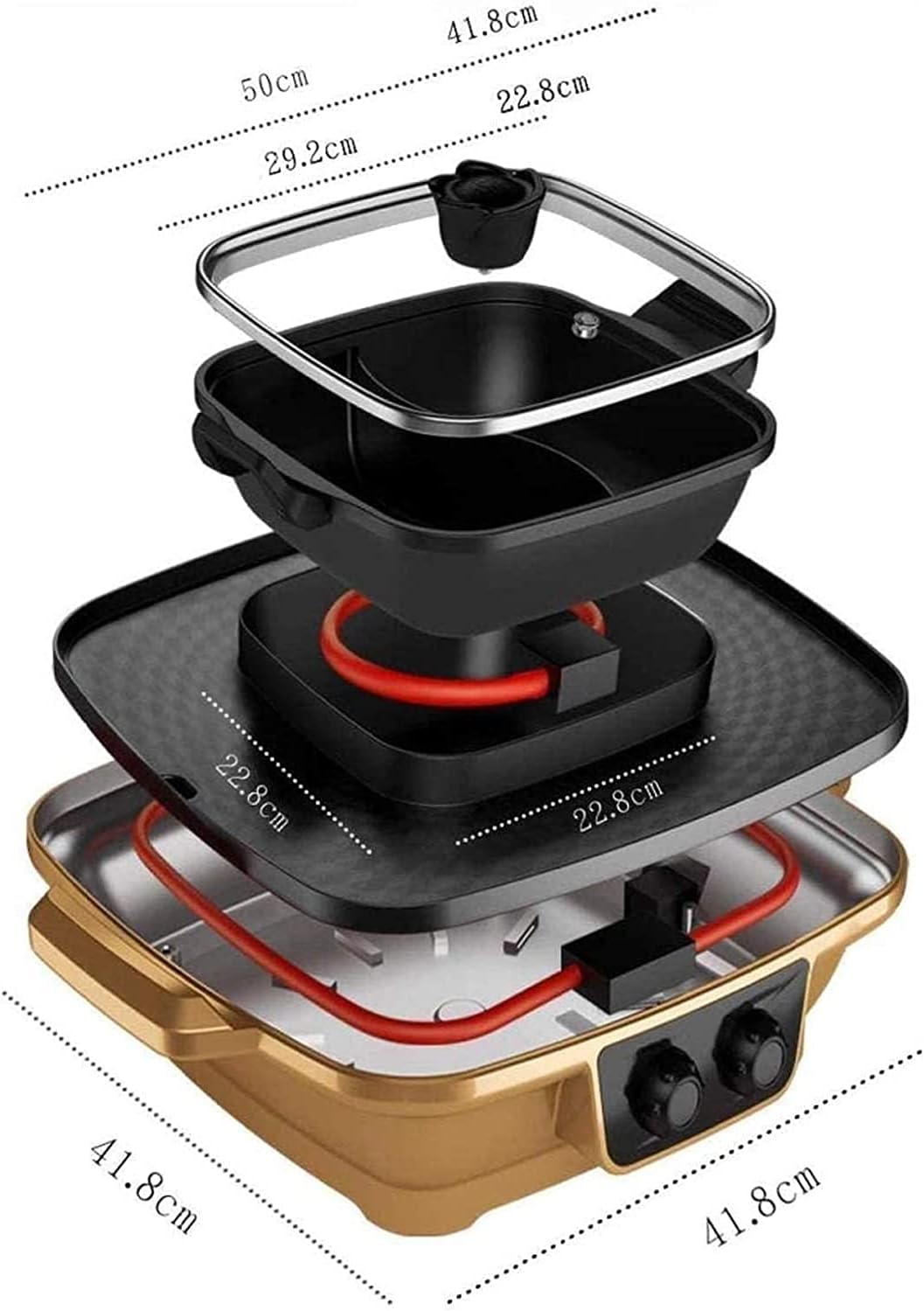Electric BBQ Grill Indoor Electric Griddle Grill Teppanyaki BBQ Hot Plate Camping, Non Stick, Adjustable Temperature 2200W (Color : Gold, Size : One)