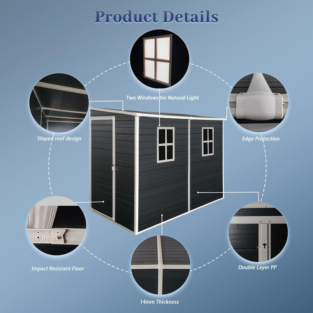 4'x8' Lean to Shed, Resin Storage Sheds Outdoor with Floor Included, Plastic Sheds & Outdoor Storage Clearance with 2 Windows, Backyard Storage Sheds for Garden Tools, Bicycle