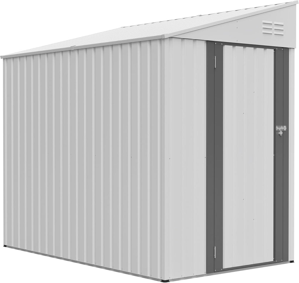 4x7 ft Lean to Metal Storage Shed, Galvanized Steel Outdoor Tool Shed with Vents & Sloped Roof, Space-Saving Backyard & Patio Storage, White