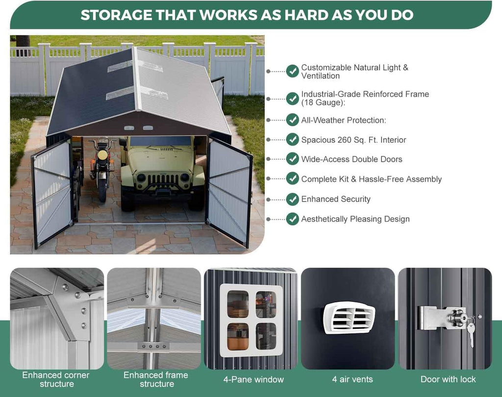WACASA 13x20x8.3 FT Large Metal Garage Shed with Base Floor Kit, Ultra-Reinforced 18-Gauge Powder-Coated Steel Frame, 100 PSF Snow & 150 MPH Wind Rated, Skylight Dual-Entry Carport & Workshop