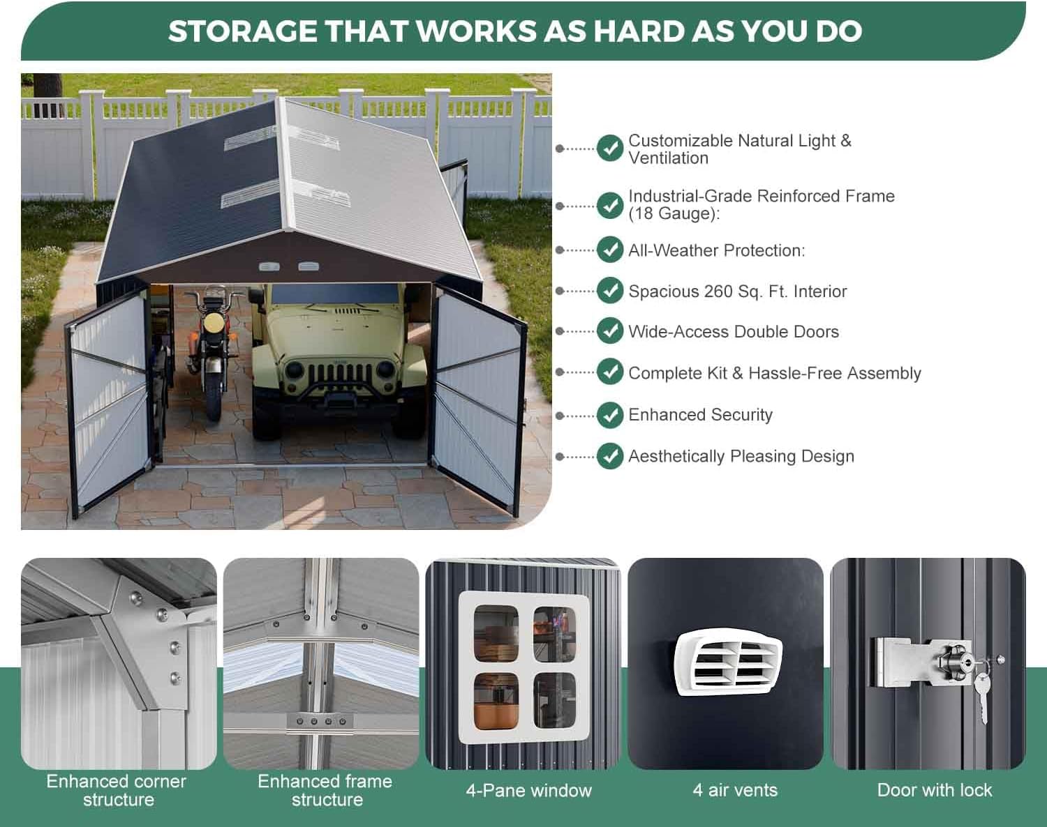 WACASA 13x20x8.3 FT Large Metal Garage Shed with Base Floor Kit, Ultra-Reinforced 18-Gauge Powder-Coated Steel Frame, 100 PSF Snow & 150 MPH Wind Rated, Skylight Dual-Entry Carport & Workshop