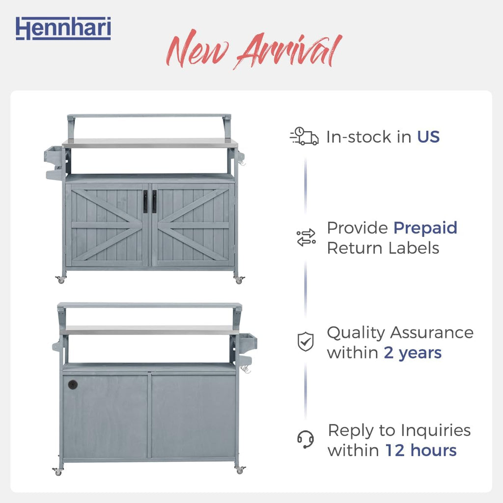 Outdoor Kitchen Island with Stainless Steel Top & Raised Shelf, Rolling Grill Cart with Spice & Towel Rack, Outdoor Island Table with Storage Cabinet & Hooks (Greyblue)