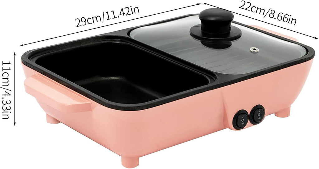 Hot Pot Electric Grill 2 in 1 Indoor Non-Stick Smokeless Grill with Dual Temperature Control, Portable Multifunctional for Korean BBQ, Serves 1-4 People