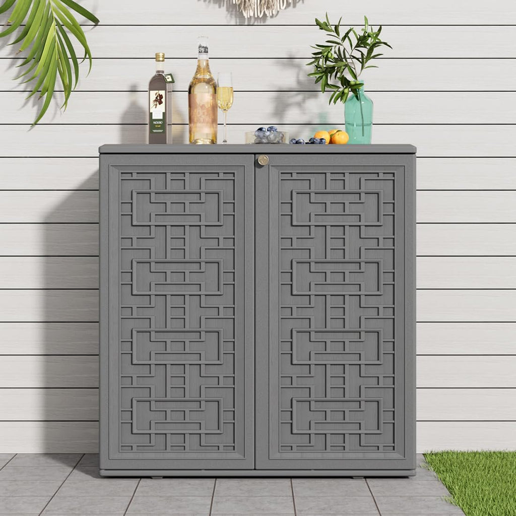 KINYING Outdoor Storage Cabinet Waterproof, Resin 62 Gallon Deck Box for Patio Furniture Cushions, Garden Tools, Pool Tools and Kids' Toys (Grey with 1 Shelving)