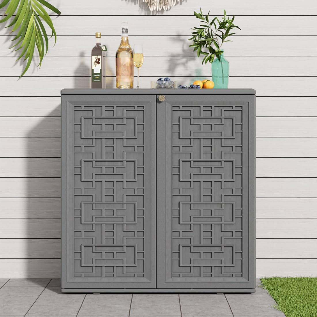 KINYING Outdoor Storage Cabinet Waterproof, Resin 62 Gallon Deck Box for Patio Furniture Cushions, Garden Tools, Pool Tools and Kids' Toys (Grey with 1 Shelving)