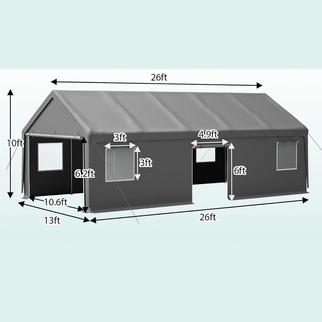 13x26 FT Heavy Duty Carport, Outdoor Storage Shed Tent with 2 Roll-Up Doors, 1 Side Door, Removable End Walls & Windows, All-Weather Portable Garage Shelter with 12-Leg Stability Frame, Grey