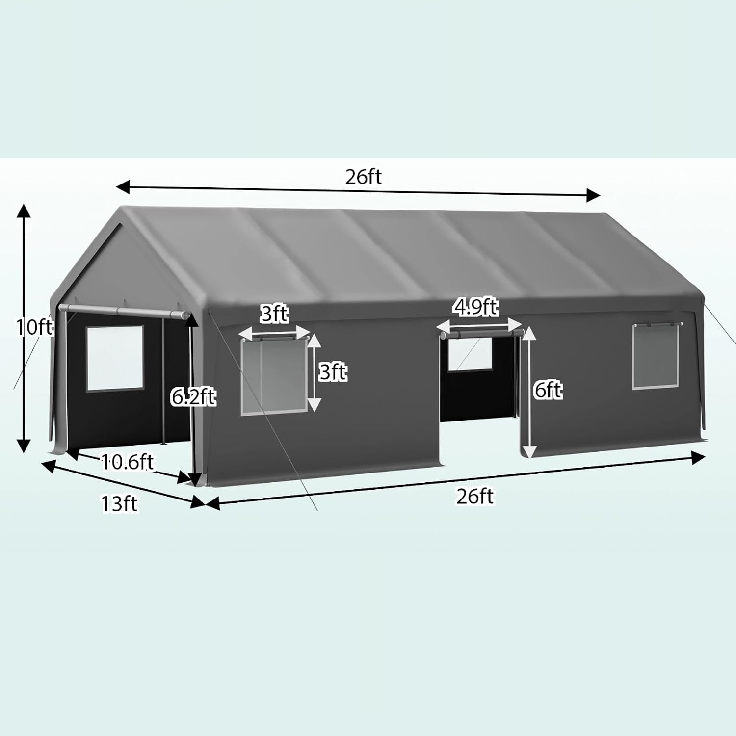 13x26 FT Heavy Duty Carport, Outdoor Storage Shed Tent with 2 Roll-Up Doors, 1 Side Door, Removable End Walls & Windows, All-Weather Portable Garage Shelter with 12-Leg Stability Frame, Grey