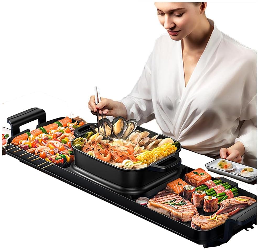 Electric Grill with Hot Pot 2 in 1 Indoor Korean BBQ Grill,2200W Multifunctional Smokeless BBQ Hot Pot Double Pot,Non-Stick Pan,for 5-10 People,for Grilling & Cooking