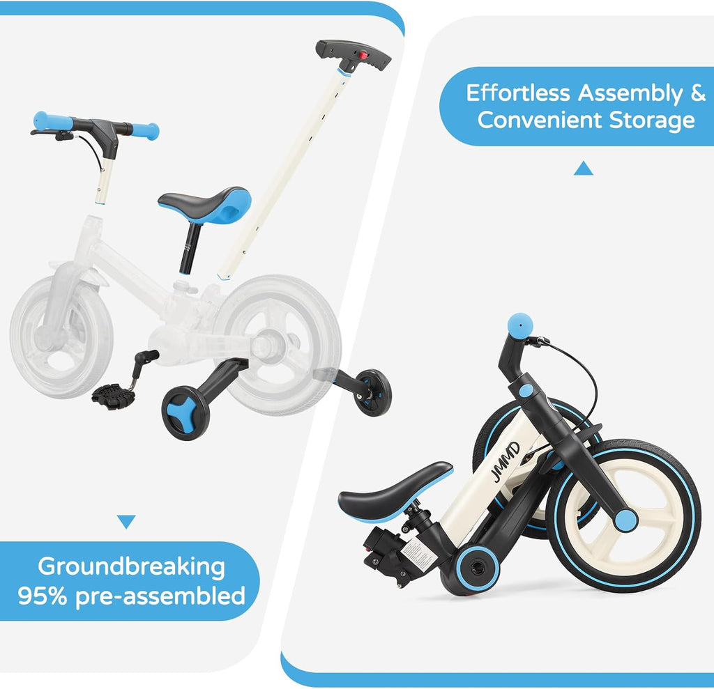 JMMD 6 in 1 Toddler Bike with Push Handle for Kids 18-60 Months, 12' Foldable Balance Bike with Training Wheels, Pedals, Brakes, Kickstand, Push Tricycle Toddler Gift & Toys for Boy & Girl