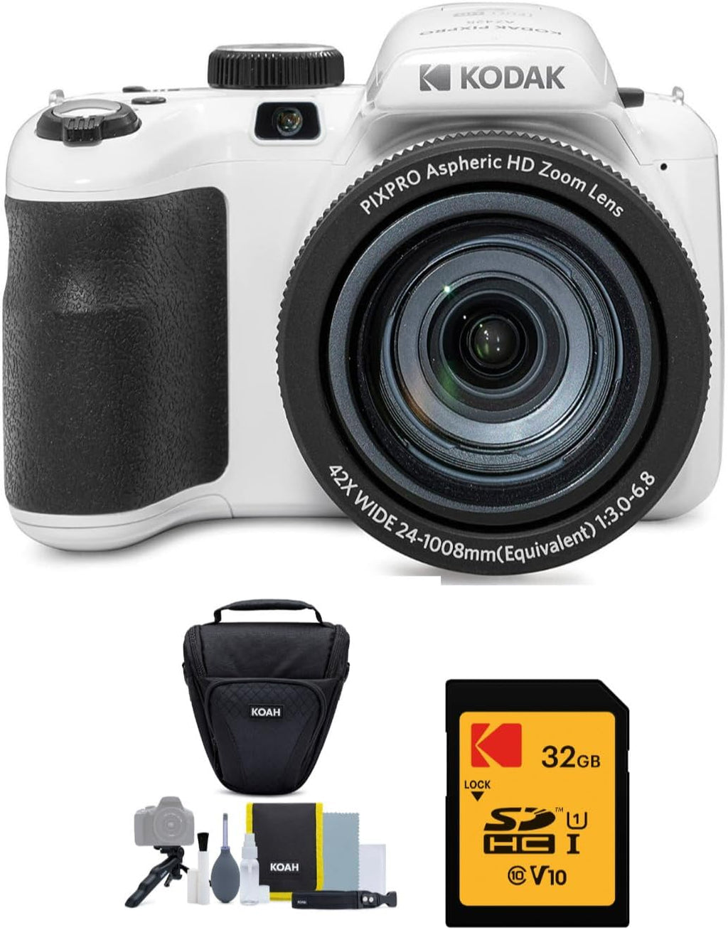 Kodak PIXPRO AZ425 Astro Zoom 20MP Digital Camera (White) Bundle with 32GB SD Card and Holster Camera Case with Accessories (3 Items)