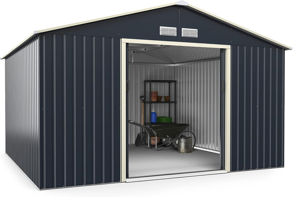 Goplus Storage Shed, Metal 11' X 10' Outdoor Building Organizer with 4 Vents & Double Sliding Door for Garden Backyard Farm (11'X10')