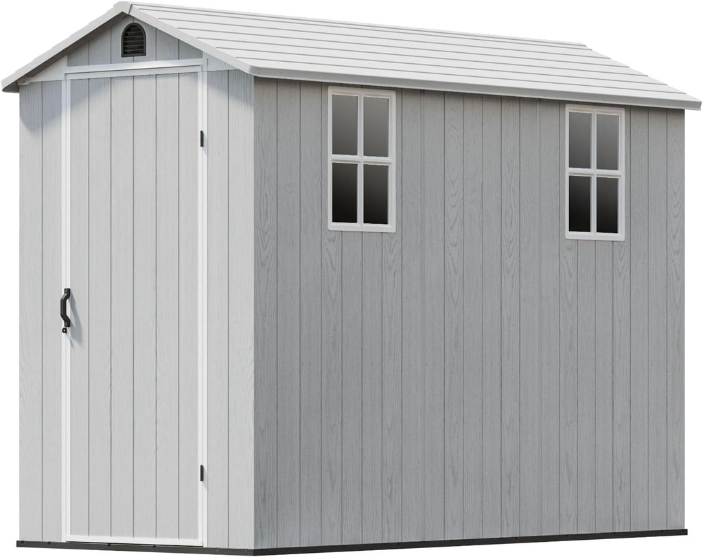 Patiowell 4x8 FT Outdoor Storage Shed with Floor & 2 Windows, Large Plastic Garden Shed with Lockable Door for Backyard, Patio, and Lawn, White (Fit-it Shed)