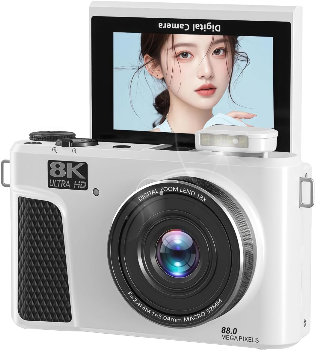 PUSOKEI 8K Digital Camera, Auto Focus 88MP Cameras for Photography, 18x Zoom WiFi Vlogging Camera, 3 inch Flip Screen, with Webcam Mode, Filter, Multiple Filters LED Fill Light (White)