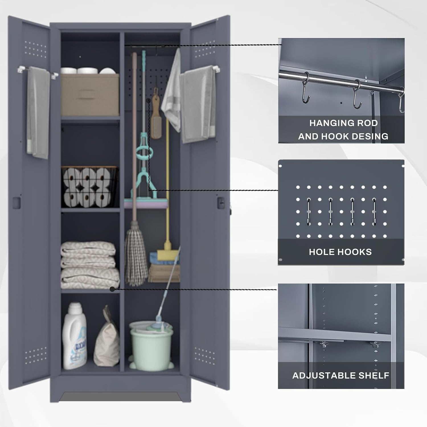 65' H Metal Storage Cabinet,Broom Closet Storage Cabinet with Adjustable Shelves,Locking Steel Cabinets with Pegboard and Hanging Rod,Utility Closet for Brooms and Mops,Grey