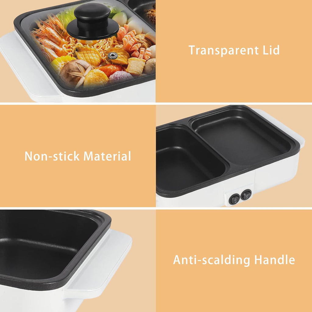 Hot Pot Electric with Grill, 2 in1 Indoor Non-Stick Shabu Shabu Pot & Frying Pan, Portable Mini Hot Pot Korean BBQ w/Individual Dual Temperature Control, 1-3 People