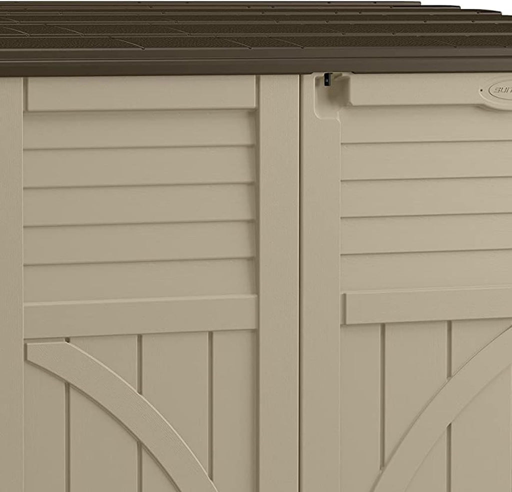 Suncast Horizontal Shed, Compact Outdoor Storage System, 34 Cu. Ft. Capacity, Sand & Slate - Lockable Multi-Wall Resin Organizer for Garbage Cans, Garden Tools, Bins, Bikes and Yard Equipment