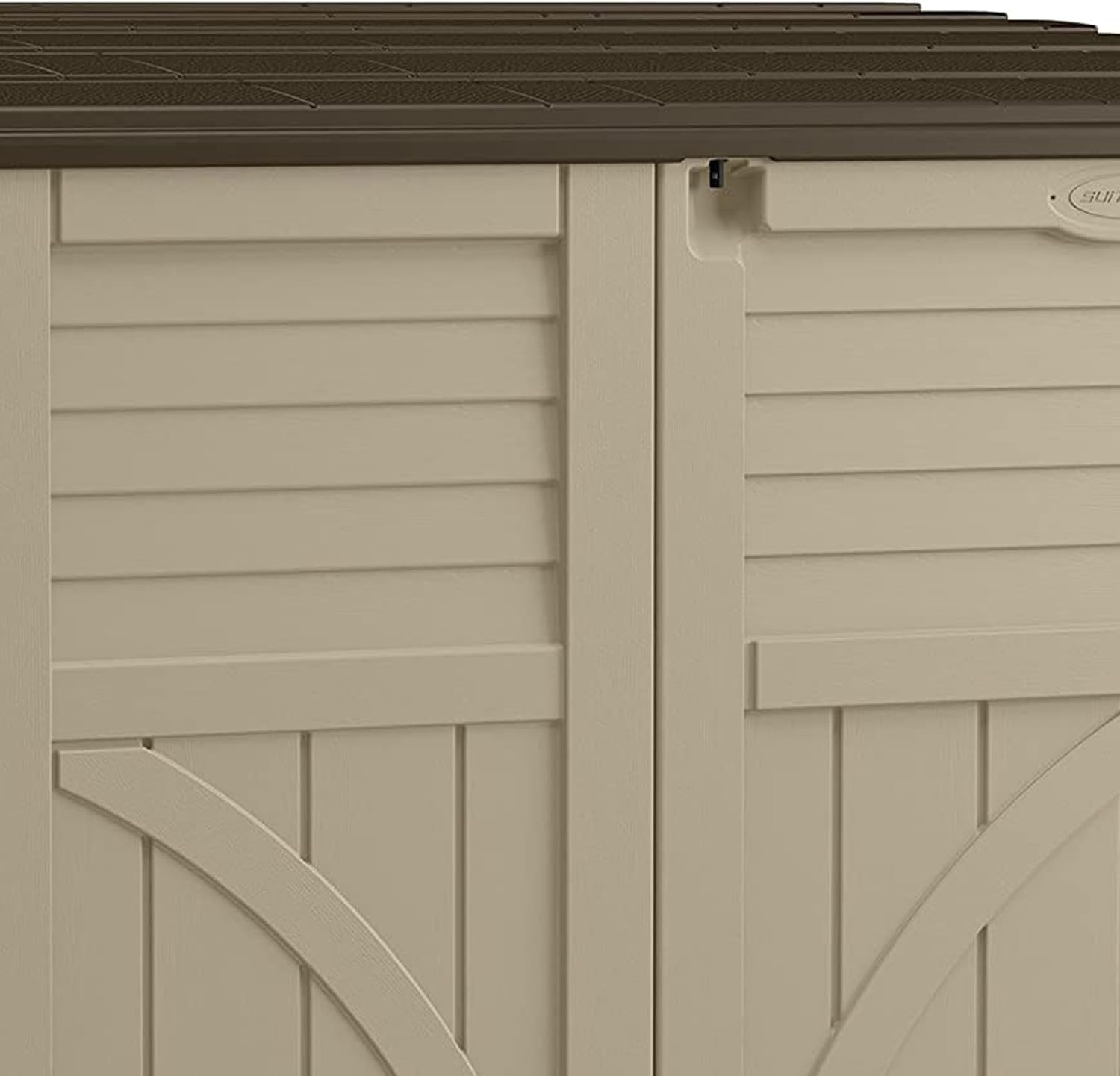 Suncast Horizontal Shed, Compact Outdoor Storage System, 34 Cu. Ft. Capacity, Sand & Slate - Lockable Multi-Wall Resin Organizer for Garbage Cans, Garden Tools, Bins, Bikes and Yard Equipment