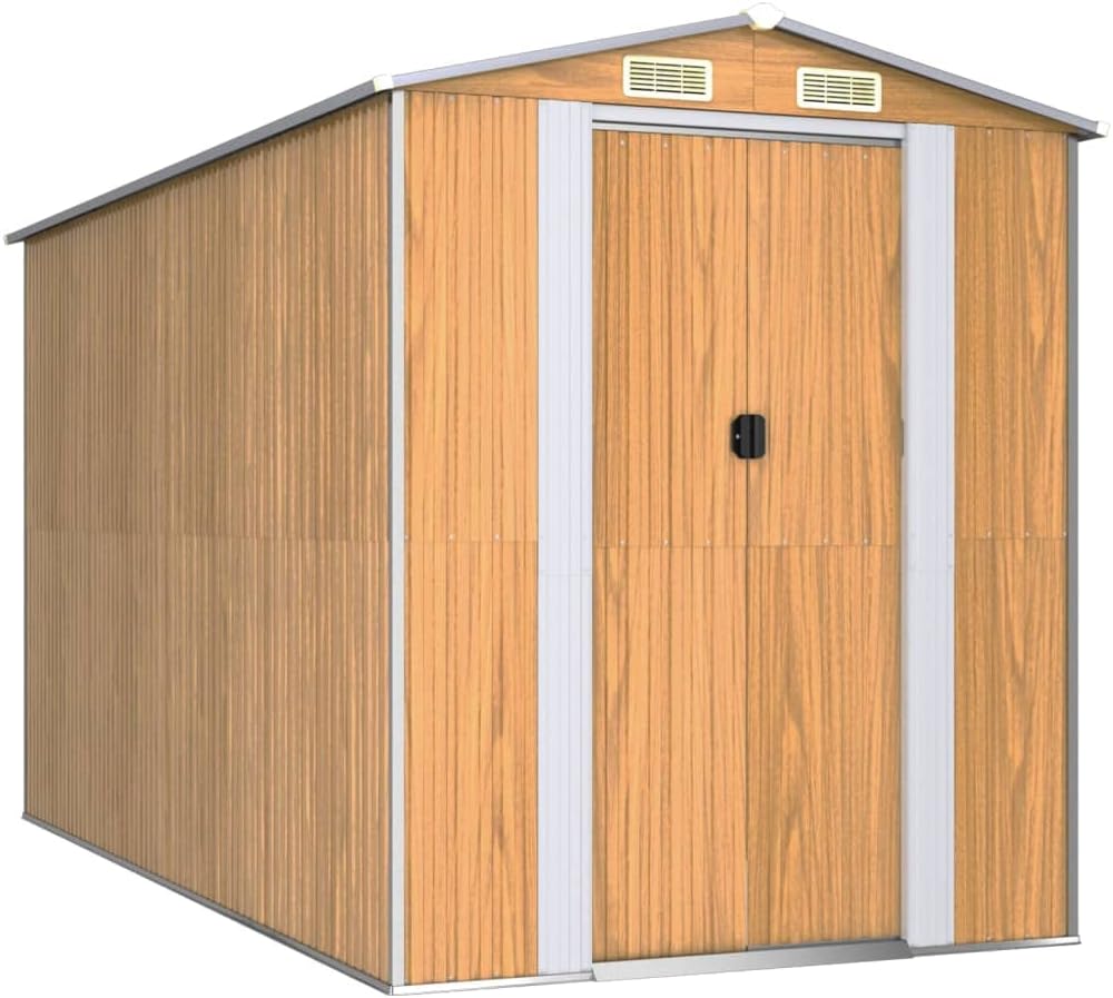 vidaXL Storage Shed, Garden Shed with Double Sliding Doors, Outdoor Storage Shed for Backyard Patio Lawn, Light Brown Galvanized Steel