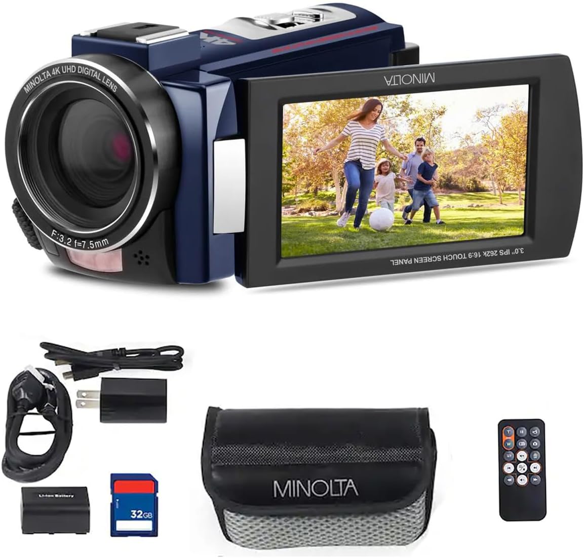Minolta Camcorder - 4K Ultra HD, 30MP Photos, Night Vision with IR LEDs, 16X Zoom, Time-Lapse, Anti-Shake, 3' Touchscreen, HDMI USB Output, SD Slot, CMOS Sensor (Blue)