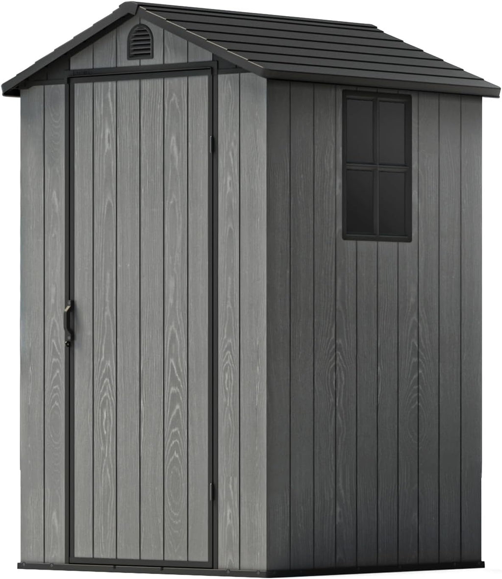 Patiolife 4 x 4 FT Plastic Shed for Outdoor, Storage Resin Shed with Design of Lockable Door and Window, Tool Storage for Garden Patio Lawn,Dark Grey