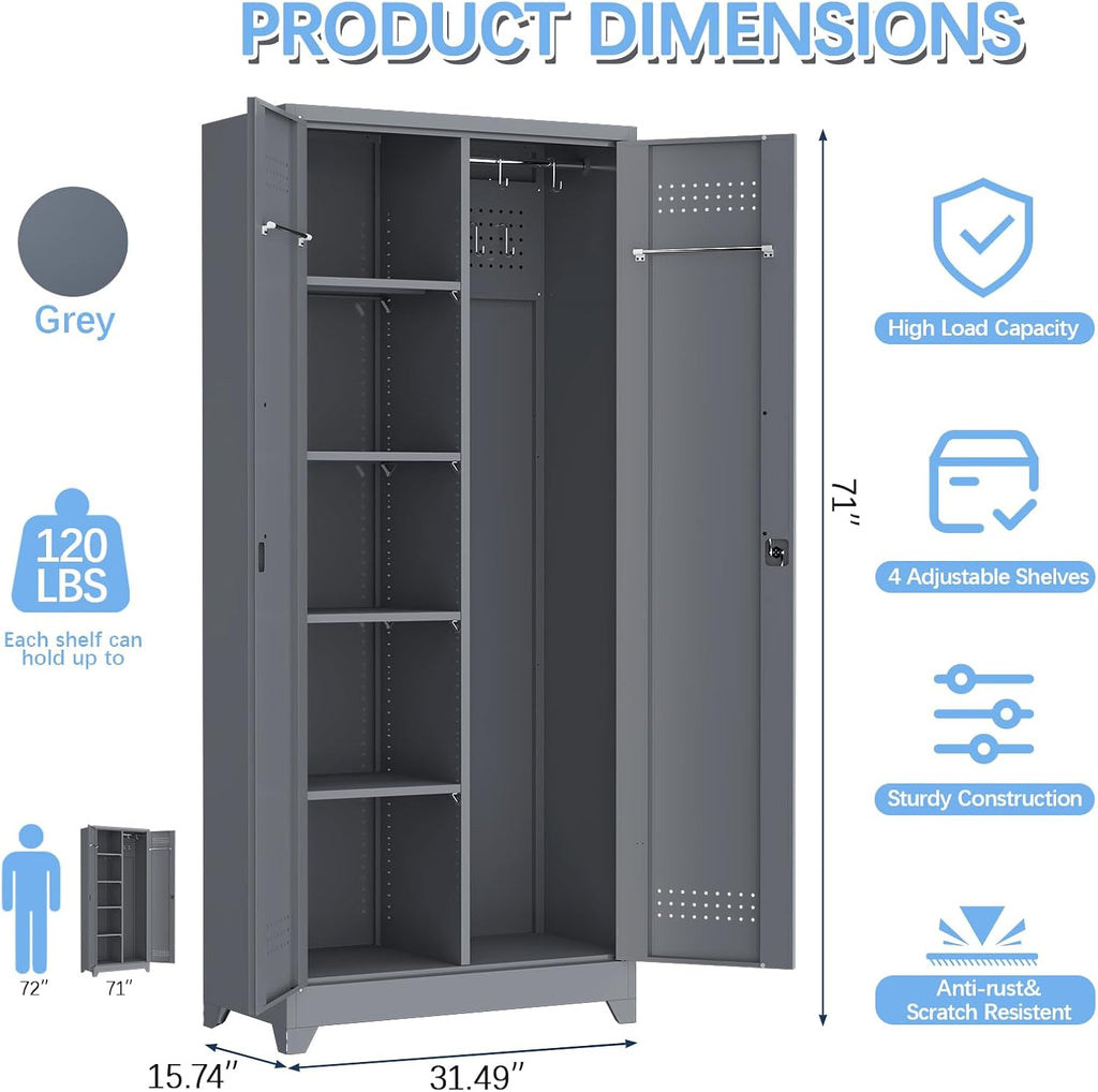 IRONFFICE Metal Garage Storage Cabinets,Metal Broom Closet Storage Cabinet,Utility Cabinets for Brooms and Mops,Steel Tall Cabinet with Shelves for Laundry Room,Bathroom,Home,Grey
