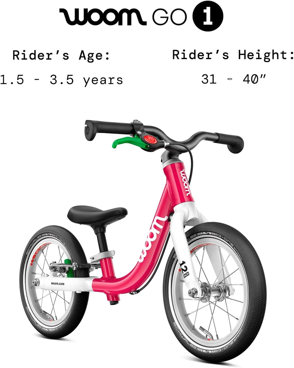 woom GO 1 & GO 1 Plus Balance Bike for Toddlers & Kids 18 Month to 4.5 Years Old, 12-Inch & 14-Inch Lightweight Bicycles for Boys & Girls