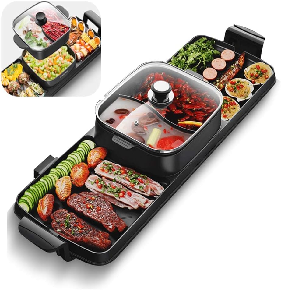 Portable Hotpot Grill, Indoor Smokeless Korean Bbq, Shabu Shabu Electric Hot Pot with Divider, Table Party Bbq and Hot Pot