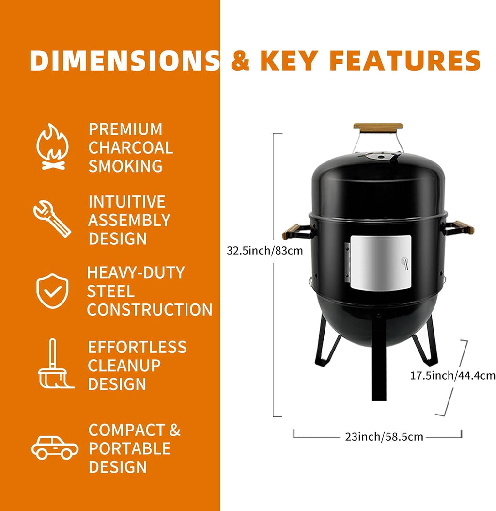 Realcook BBQ Charcoal Smoker Grill: Heavy Duty 17 Inch Vertical Meat Smokers - Porcelain-Enameled Charcoal Grill Smoker Combo for Outdoor Cooking Backyard Picnic Party Grilling