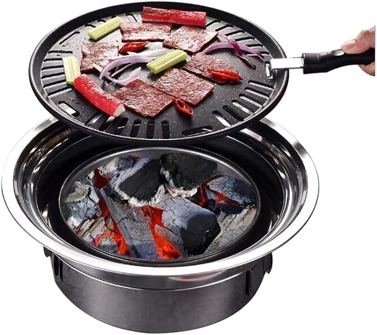 Charcoal Barbecue Grill Household Korean BBQ Grill Portable Camping Grill Stove Round Non-Stick Tabletop Smoker Grill Outdoor Camping Charcoal Stove