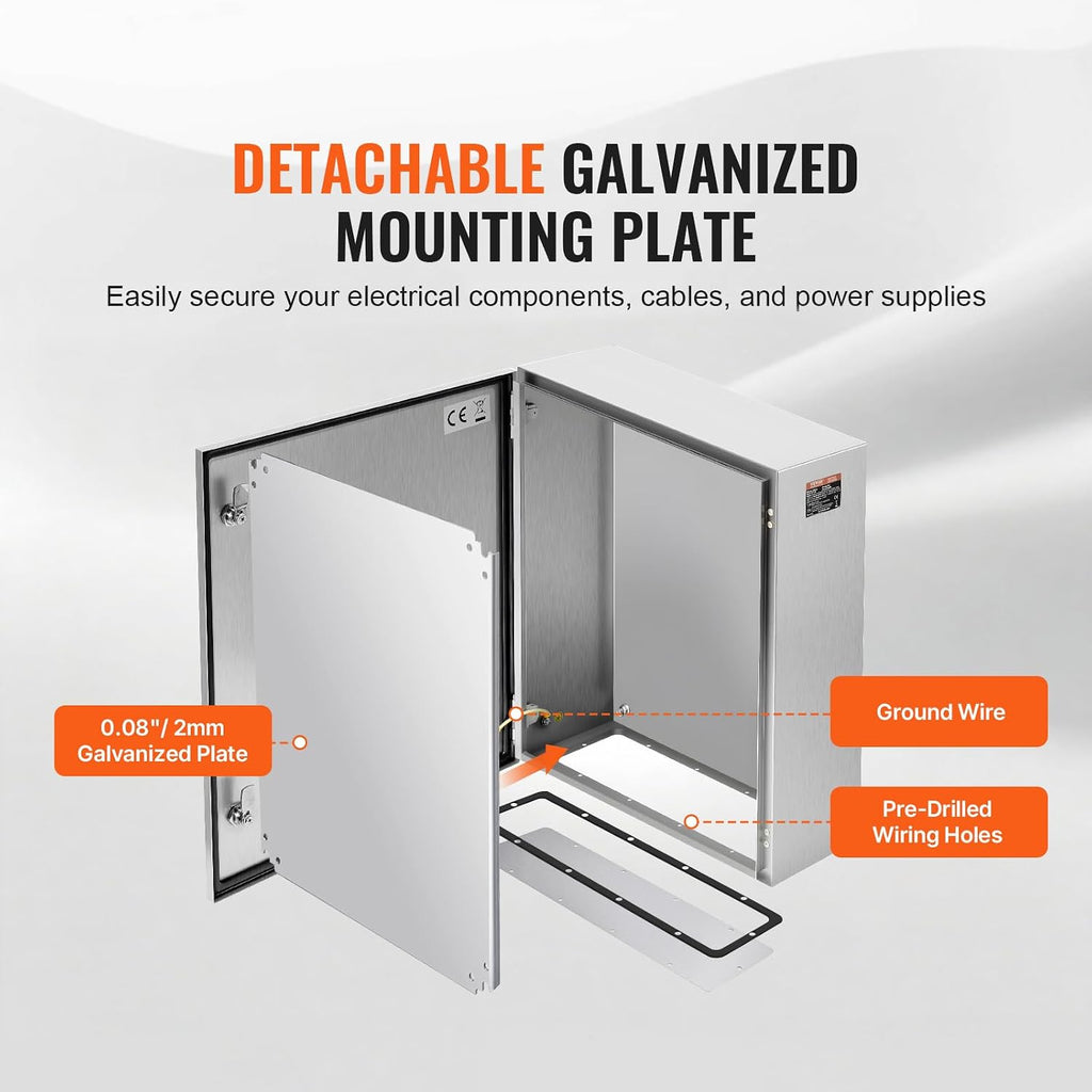 Steel Electrical Box, 24'x 20'x 8', 304 Stainless Steel Electrical Enclosure Box, Wall-Mounted Outdoor Electrical Electronic Equipment Enclosure with Mounting Plate Hinges Lock, IP66 Waterproof