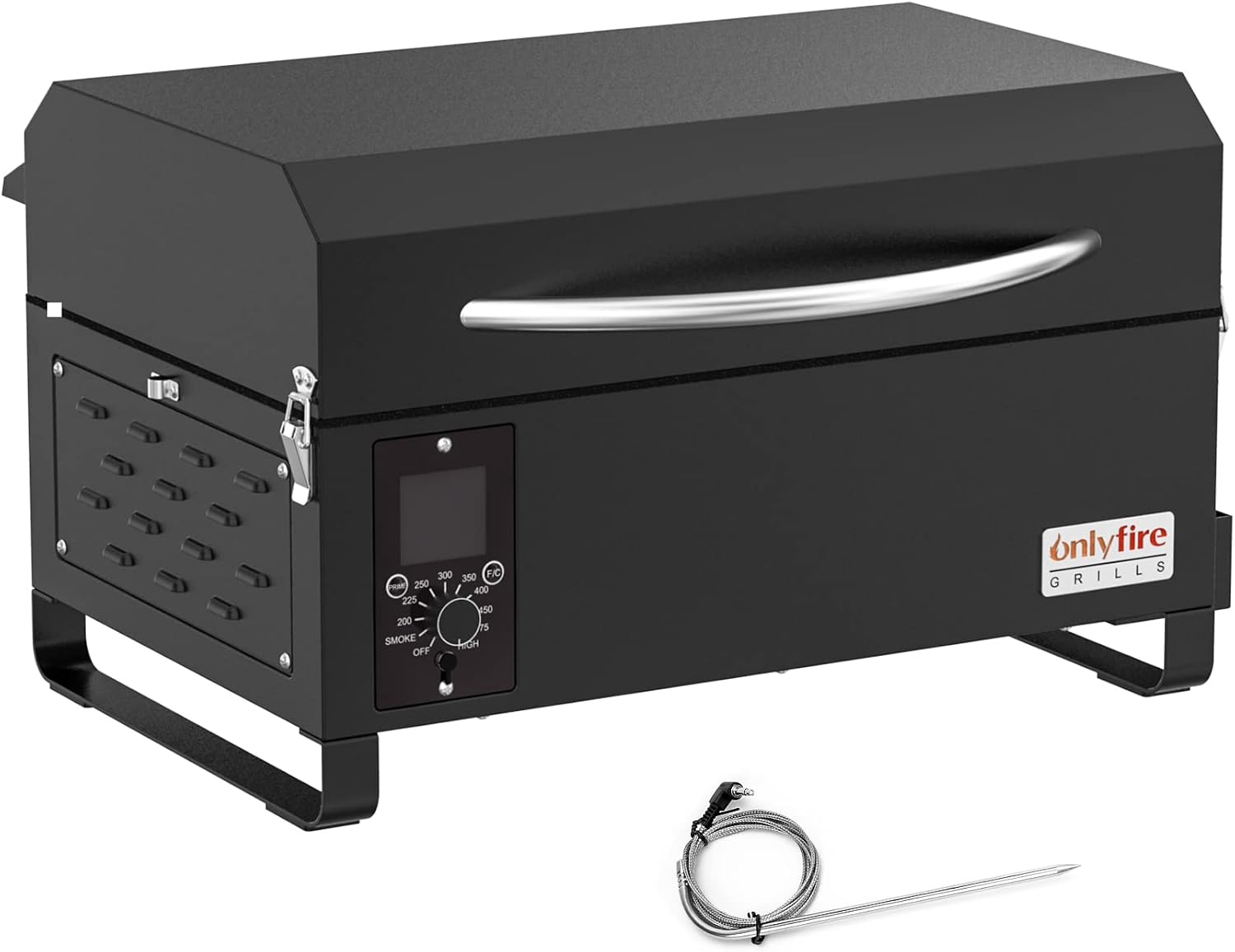 ONLYFIRE GRILLS BBQ Wood Pellet Grill Smoker with Meat Probe, 2 Tiers Cooking Area, Portable Tabletop Grilling Stove for Outdoor Kitchen Cooking Smoke and Roast, RV Camping, Black GS314