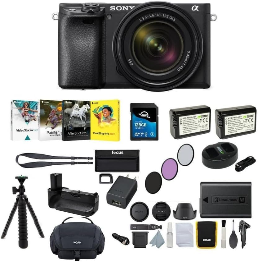 Sony Alpha a6400 Mirrorless Digital Camera with 18-135mm Lens (Black) Bundle with Art Suite, Battery Grip, Memory Card, Cleaning Kit, Tripod, and Battery (2-Pack) and Dual Charger, and Filter Kit