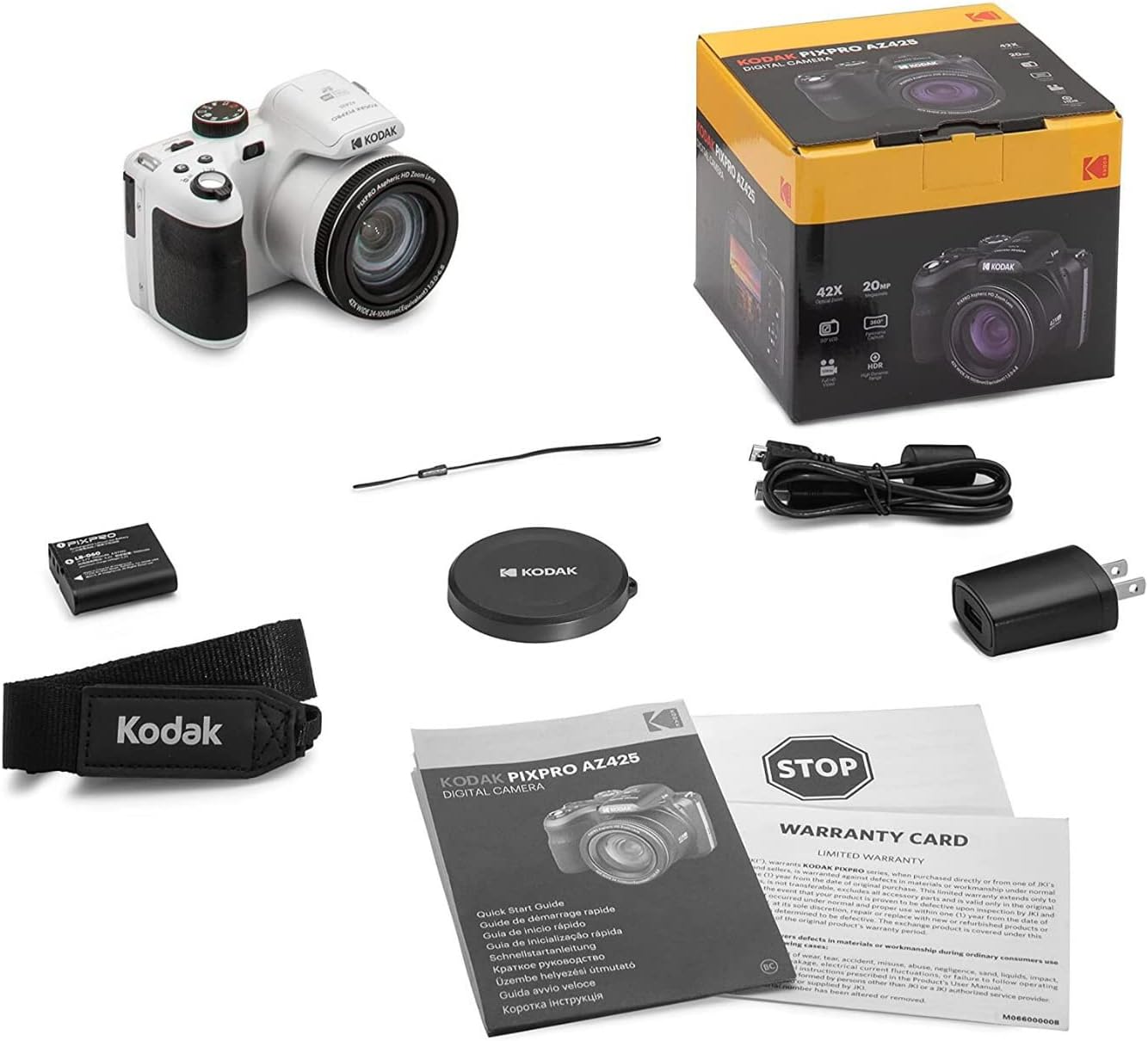 Kodak PIXPRO AZ425 Astro Zoom 20MP Digital Camera with 42x Optical Zoom (White) Bundle with 64GB SD Card and Accessory Kit (3 Items)