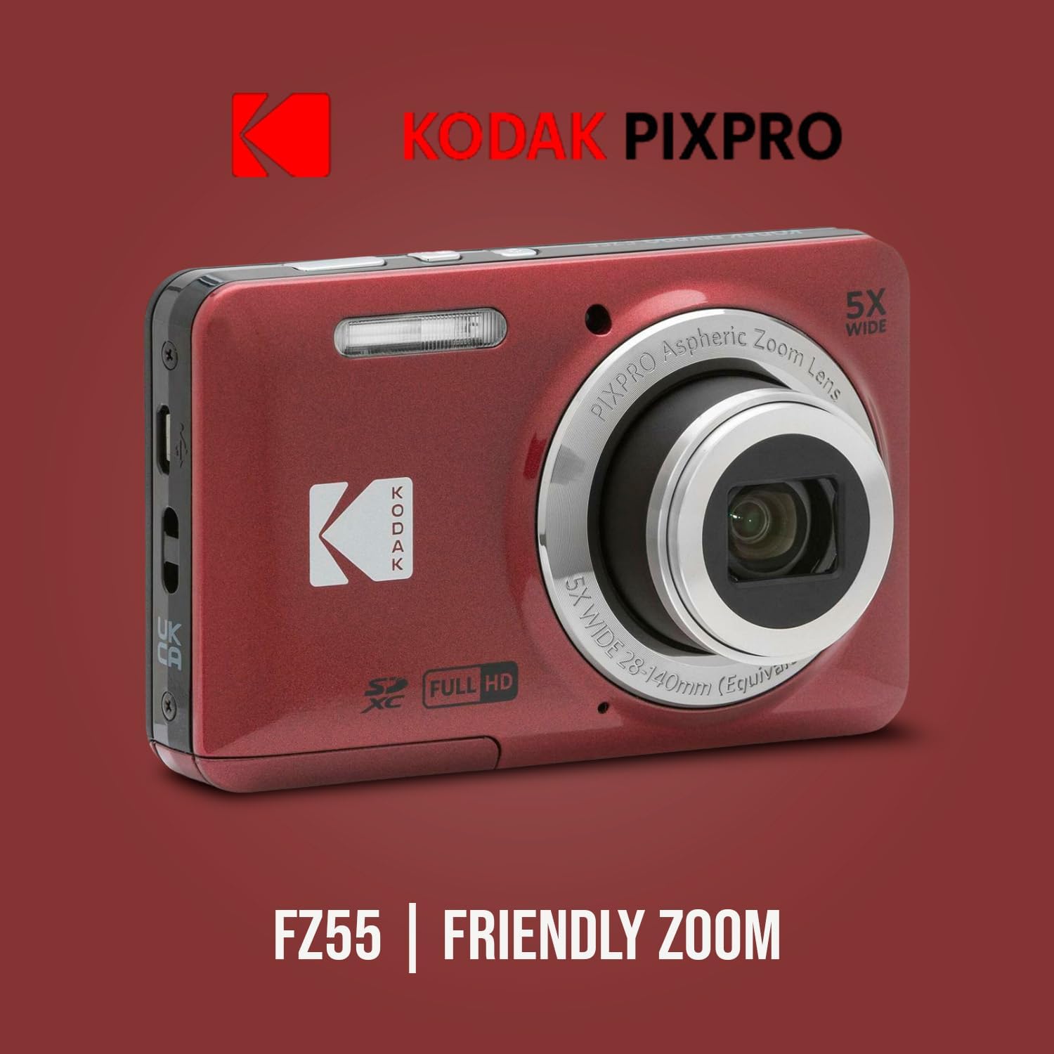 Kodak PIXPRO FZ55 Digital Camera (Red) Friendly Zoom with 128GB SD Card, Card Reader, Tripod and Pouch (5 Items)