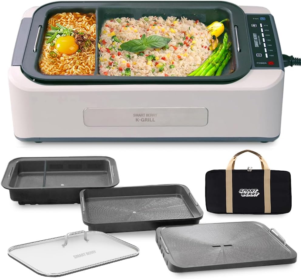 SMART BERRY 3 in 1 Smokeless Electric Indoor Grill, Nonstick Grill/Griddle Plates, Jjamjjapan, Glass Lid, Portable Korean BBQ Grill with 7-Level Control (Jjamjjapan set White)