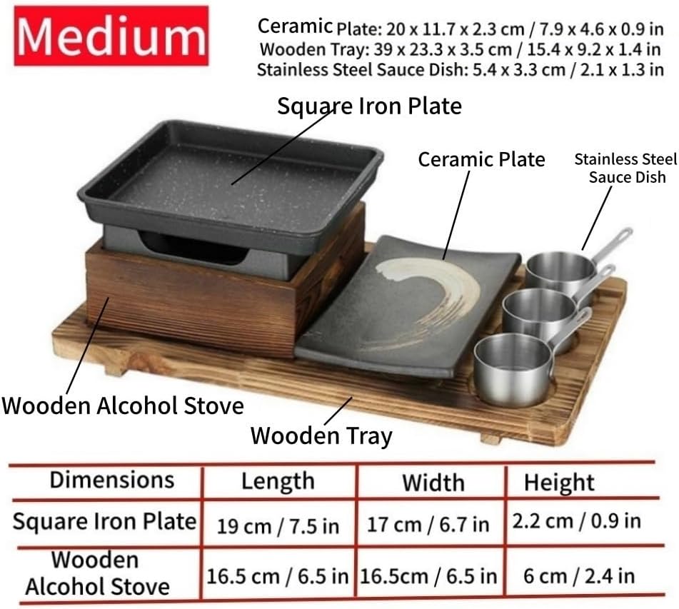 Compact Tabletop BBQ Grill Set with Wooden Stand, Portable Alcohol Barbecue Stove for Indoor Cooking, Outdoor Picnics, Camping, Small Parties(Medium)